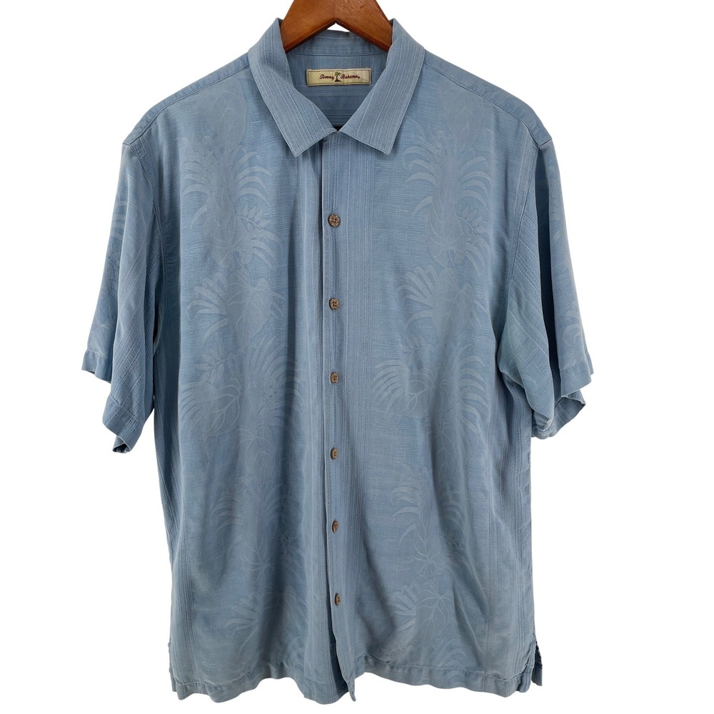 Tommy Bahama Hawaiian Shirt Mens Medium Blue 100% Silk Floral Tropical *READ